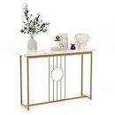 Giantex 120cm Entryway Table Faux Marble Top Console Table w/Gold Finished Frame Modern Long Sofa Side Table w/Heavy-Duty Metal Frame Narrow Accent Display Table for Living Room Hallway Entryway