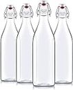 Ezalla Swing Top Bottles 1 Liter ROUND Clear Glass Grolsch Flip Top Bottle With Stopper, for Beverages, Smoothies, Kefir, Beer, Soda, Juicing, Kombucha, Water, Milk, Oil and Vinegar (set of 4)
