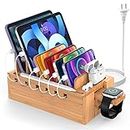 Bamboo Charging Station for Multiple Devices with 5 Port USB Charger, 6 Charger Cables and Watch Stand. Wood Desktop Docking Stations Organizer for Cell Phone, Tablet, Watch, Office Accessories
