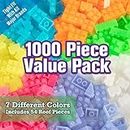 SCS Direct Building Block Bricks- Set of 1000 Pc Bulk- 7 Glow in The Dark Colors with 54 Roof Pieces - Compatible & Tight Fit with Major Brands- Great for Activity Table, Creativity & School Projects