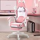 Dowinx Gaming Chair Cute with Cat Ears and Massage Lumbar Support, Ergonomic Computer Chair for Girl with Footrest and Headrest, Comfortable Reclining Game Chair 290lbs for Adult, Teen, Pink