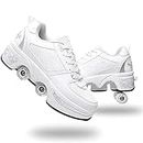 Double-Row Deform Wheel Automatic Walking Shoes Invisible Deformation Roller Skate 2 in 1 Removable Pulley Skates Skating Parkour (White Silver, US 7.5)