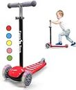 Fawn Toys 3-Wheel Junior Kick Scooter LED Flashing Wheels/Lean to Turn/Indoor/Outdoor Three Adjustable Heights Quiet PU Wheels Extra Wide Deck Best Gift for Kids, Boys Girls 2-8 Yrs(Red)
