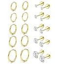 THUNARAZ 10 Pairs Earrings Sets for Multiple Piercing Small Gold Huggie Hoop Earrings Stainless Steel 20G Flat Back Tiny CZ Stud Earrings for Cartilage Hypoallergenic