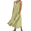 Womens Floral Dress Cotton Linen Dresses for Women 2024 Casual Sleeveless Summer Dresses Casual Crewneck Maxi Dress Trendy Summer Beach Outfits Daily Deals of The Day Prime Today only Green 5X