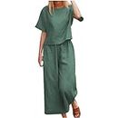 Lightning Deals of the Day Two Piece Sets for Women Summer Cotton Linen Outfits Short Sleeve V Neck Tops Wide Leg Capris Pants with Pockets