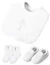 AGJ Baptism Bib Baby Boy Christening Shoes Girls and Infant White Socks Set with Embroidered Cross for Blessing Outfit 6-12 Months
