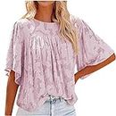 Womens Casual Boho Floral Print Tops Ruffle Short Sleeve Pleated Flowy Lace Office Lady Blouse Tshirts, #06 Pink, Small