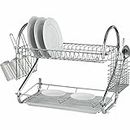 NEW 2 TIER CHROME PLATE DISH CUTLERY CUP DRAINER RACK DRIP TRAY PLATES HOLDER