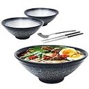 6 Pieces Premium Ceramic XL Pho Ramen Bowls Set: 2 Dark Blue 54oz Noodles Bowl. Asian Chinese Japanese Soup. Includes: Stainless Steel Spoon and Chopsticks.