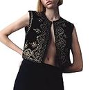 Women's Vintage Embroidered Floral Vest Y2k Sleeveless Open Shirt Blouse Fashion Crochet Cardigan Vests Tops, A Black, Large