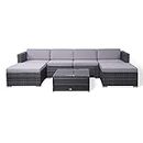EVRE Nevada Grey 6 Seater Outdoor Rattan Garden Furniture Set Wicker Weave Sofa Coffee Table Stool with Cushions For Patios Decks Conservatories Sectional Corner Conversation Piece