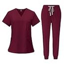 YIJU Female Scrub Set Nurse Workwear V Neckline Professional Machine Washable Top and Joggers Pant Work Clothing for Beauty Center, Red, L