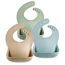 PandaEar 3 Pack Thick Silicone Baby Bibs for Babies & Toddlers (10-72 Months)| Waterproof Baby Feeding Bibs Adjustable with Wide Food Catcher Pocket, Soft, Unisex, Non Messy |Brown/Blue/Green