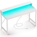 Rolanstar Computer Desk 55.1" with LED Lights & Power Outlets, Home Office Desk with Monitor Shelf, Gaming Desk, White