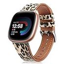 Fintie Bands Compatible with Fitbit Versa 4 / Fitbit Versa 3 / Sense 2 / Fitbit Sense, Genuine Leather Band Replacement Accessories Strap Wristband, Classic Leopard
