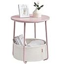 VASAGLE Small Round Side End Table, Modern Nightstand with Fabric Basket, Jelly Pink, Classic White ULET223R61