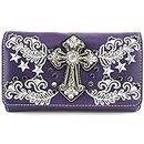 Justin West Cross Western Floral Damask Embroidery Studs Stars Concealed Carry Handbag Purse, Purple Wallet Only, Large