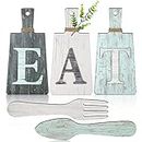 Cutting Board Eat Sign Set Hanging Art Kitchen Eat Sign Fork and Spoon Wall Decor Rustic Primitive Country Farmhouse Kitchen Decor for Kitchen and Home Decoration (Gray, White, Blue)