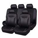 CAR PASS Sporty Cloth Leather Look Fabric & Universal Fit Full Set Car Seat Cover, Airbag Compatible, Zipper Desig (Full Set, Black Black)