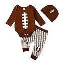 Owegvia Baby Boy 3 Piece Outfit Football Print Long Sleeve Rompers and Elastic Striped Pants Beanie Hat Set Fall Spring Clothes (Brown, 0-3 Months)
