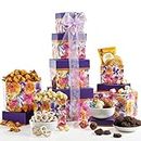 Broadway Basketeers 4 Box Chocolate Food Gift Tower Snack Gifts for Women, Men, Families, College – Delivery for Birthday, Appreciation, Thank You, Easter, Get Well Soon Care Package