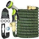 Expandable Garden Hose Set 100FT Upgraded Flexible Water Hose 3/4" Solid Brass Fittings with 10 Function Sprayer Nozzle Gardening Flexible Hose Pipe with Storage Bag Green