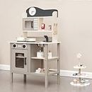Kidoz Essential Kids Wooden Kitchen, Large Pretend Role Play Toy Kitchen With Utensils, Oven, Microwave, Clock & Sink With Taps, Pretend Kitchen Playset Toy with Accessories for Kids (Warm Grey)