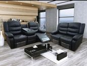 Luxury Roma Black Bonded Leather Recliner Sofa Set 3 Seater 2 Seater Cupholders