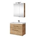 Planetmöbel Waschtischunterschrank 64cm mit Spiegelschrank Badmöbel Set für Badezimmer Gäste WC Gold Eiche