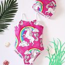 2 Pcs Girl's Onesie Swimsuit & Swimming Cap, Rainbow Unicorn Floral Print Camisole Bathing Suit, Kids Clothes For Summer Beach Vacation