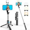 Selfie Stick Tripod with Fill Light, 106CM Selfie Stick & Flexible Phone Tripod Stand with Wireless Remote Extendable Cell Phone Holder Compatible with iPhone 14 13 12 11/Samsung/Huawei