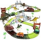 EagleStone Dinosaur Toys Race Track Set 194 PCS for Kids, Flexible Train Tracks with 2 Dinosaurs Figures,1 Bridge,2 Electric Cars Vehicle Playset with LED Lights,Best Gift for Toddlers Boys and Girls