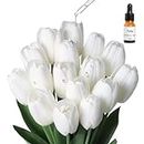 EDIMENS 16PCS White Flowers White Tulips 17.72" Artificial Tulip Real Touch Artificial Flower Bouquet with Essential Oils Fake Flowers for Home Kitchen Office Wedding Decorations
