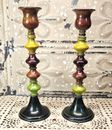 Pair of Pier 1 Imports Painted Metal Color Stack Candlestick Holders Moroccan