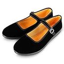 APIKA Women's Velvet Mary Jane Shoes Black Cottton Old Beijing Cloth Flats Yoga Exercise Dance Shoes (US 8)