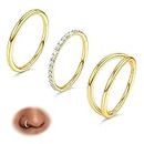 Kakonia 3pcs Gold Plated Nose Rings Hoops - Surgical Steel Double Hoop Nose Rings 16G/18G/20G Hinged CZ Conch Piercing Jewelry Septum Clicker Lip Rings Cartilage Earring Helix Rook Tragus Daith 7mm/8mm/9mm/10mm