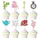 24 pezzi Alice in Wonderland Cupcake Toppers Glitter Tea Party Eat Me Cupcake Picks Tea Party Cake Decorations Baby Shower Boy Girl Kids Birthday Tea Party Supplies