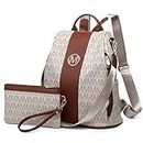 MKP COLLECTION Women Fashion Backpack Purse Multi Pockets Anti-Theft Rucksack Travel School Shoulder Bag Handbag Set 2pcs, 0-beige, 11.8"L x 5.5"W x 14"H, Lightweight Women Backpack