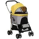 PawHut Detachable Pet Stroller, 3 in 1 Dog Cat Travel Carriage, Foldable Carrying Bag w/Universal Wheels, Brake, Canopy, Basket, Storage Bag - Yellow
