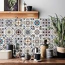 Moroccan Tile Stickers for Kitchen 24 pcs Bathroom Tile Stickers Self Adhesive Wall Tiles Stick On Wall Waterproof Oil-Proof Vintage Mosaic Art (15cm x 15cm, 6x6 inches) for Stairs (Blue Orange 2)