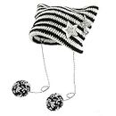 Cat Beanie Cute Crochet Cat Beanie with Silver Star Hairpin Vintage Y2k Accessories Handmade Grunge Knitted Hat for Women, Black, One Size