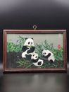 中国蜀绣大熊猫图 手工刺绣鸡翅木框 Vintage Chinese Shuxiu Silk Embroidery Panda Family Art Plaque