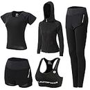 XPINYT 5pcs Workout Outfits for Women Athletic Sets Sport Suits Yoga Gym Fitness Exercise Clothes Jogging Tracksuits(Black 03,L)