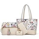 Women Fashion Synthetic Leather Handbags Tote Bag Shoulder Bag Top Handle Satchel Purse Set 4pcs, Beige-flower, Large