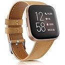 AK Leather Strap Compatible with Fitbit Versa 2 Straps/Fitbit Versa Strap for Women Men, Classic Replacement Leather Straps Compatible with Fitbit Versa/Versa 2/Versa Lite Strap (Apricot)