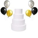 MARINER'S CREATION 4 Pieces Round Dummy Cake with 6 Metallic Balloon Decorating Display Set ( 4'',6'',8'',10'' inch, White)