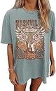 Nashville Music City T-Shirt Women Country Music Oversized Shirts Rock Band Tshirt Vintage Guitar Wings Graphic Tees(Green,Large)