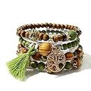 GAUEIOUR Boho Beaded Bracelet,Tree of Life Pendant Multi layered Wood Bead Tassel Bracelet, Elastic Travel Souvenir Jewelry Set, Bohemian Style Jewelry Gifts (Army Green, Set of 4)
