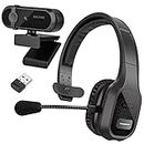 Delton Professional Wireless Computer Headset with Mic | On Ear Bluetooth 5.0 Wireless Headset, 30 Hour All Day Talk Time for Truck Drivers, Home Office (Black, with BT Dongle + Webcam)